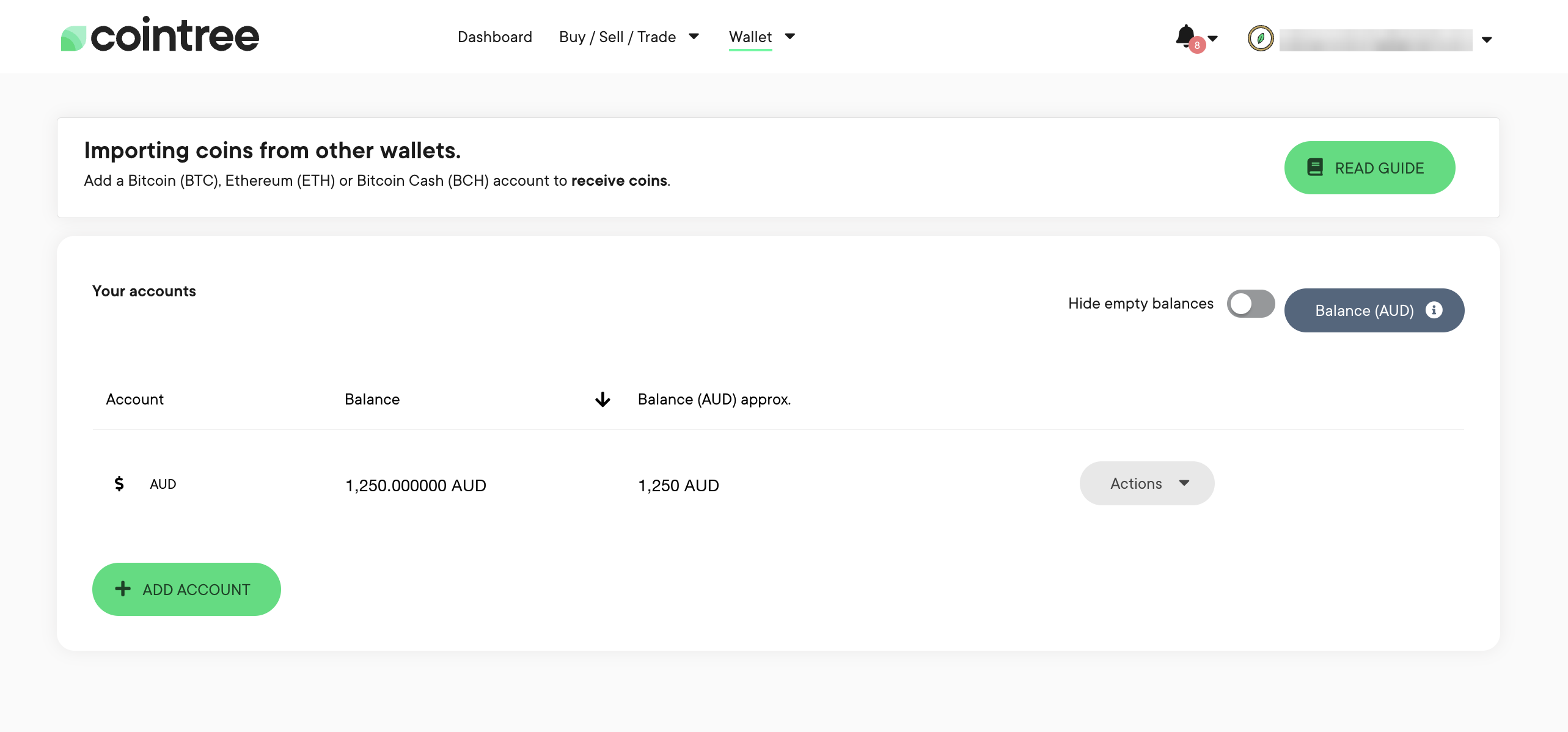 The Cointree wallet page showing your accounts and balances