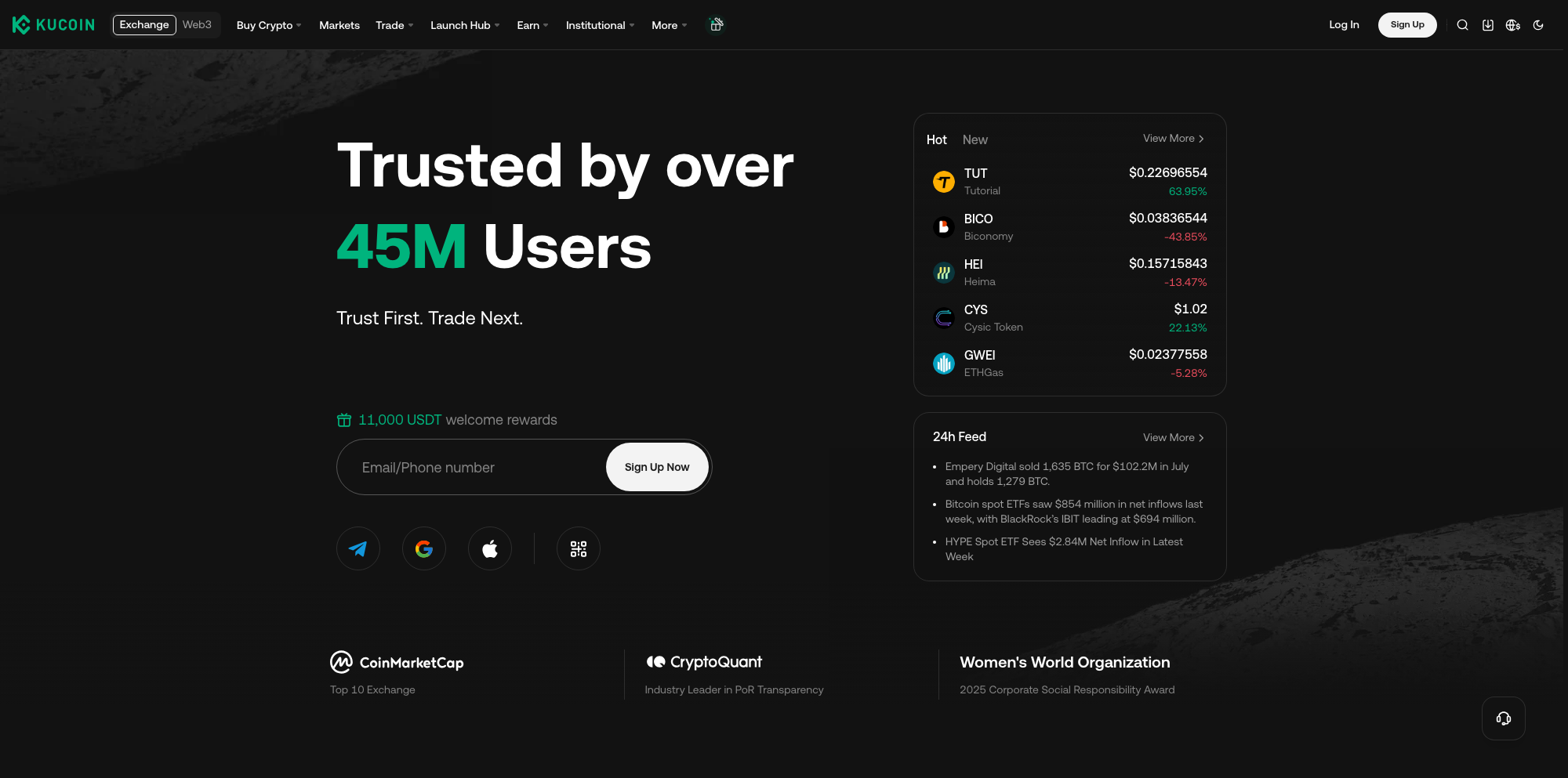 The KuCoin homepage