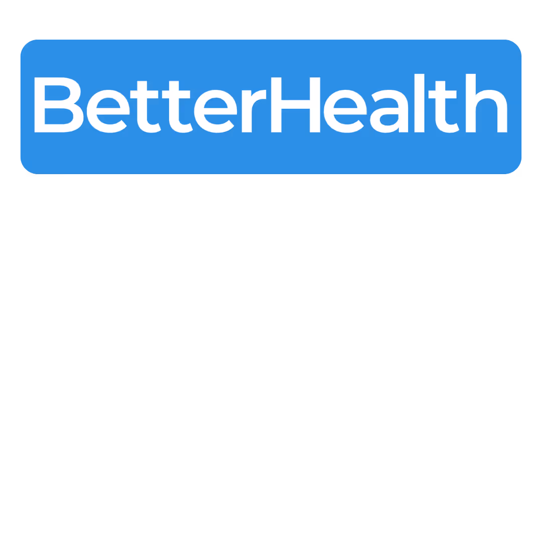 BetterHealth logo with white text on a blue rounded rectangle background.