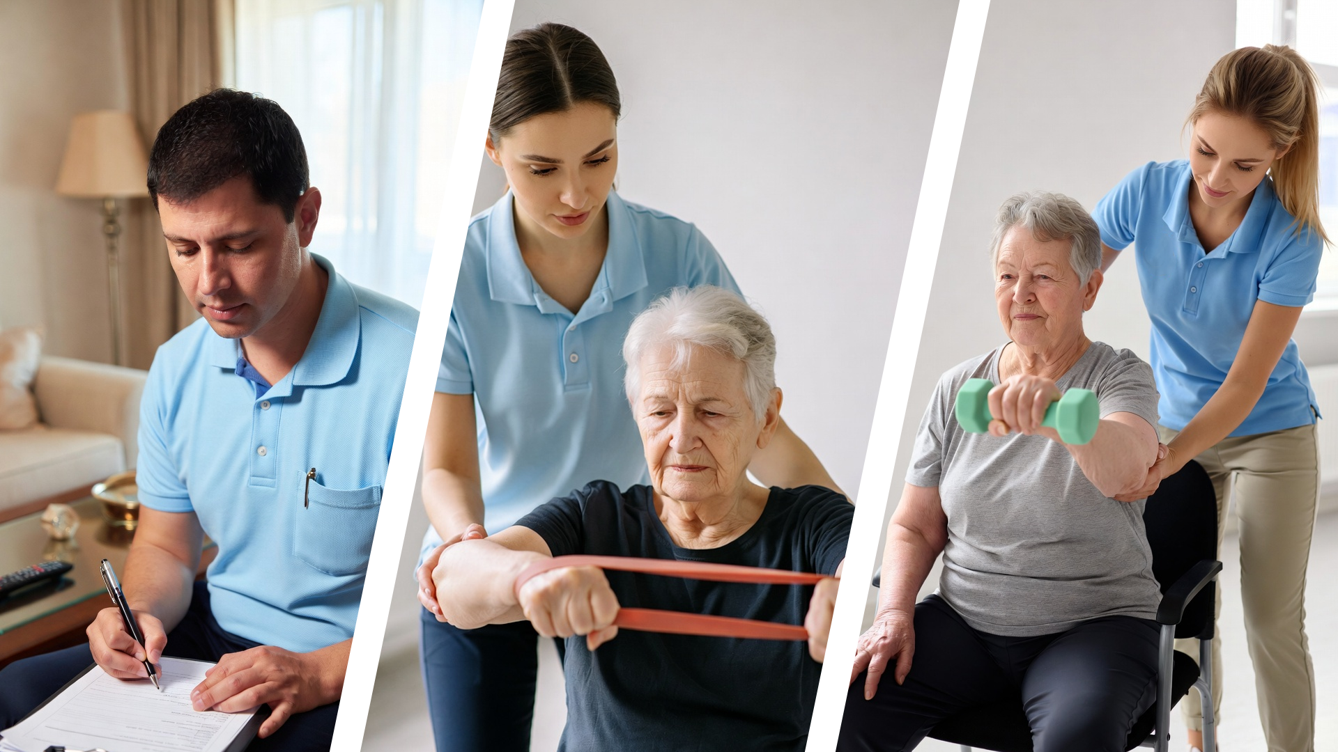 Collage of physiotherapy scenes: a male therapist writing notes, a therapist assisting an elderly woman with resistance band exercises, and a therapist helping an elderly woman lift a dumbbell.