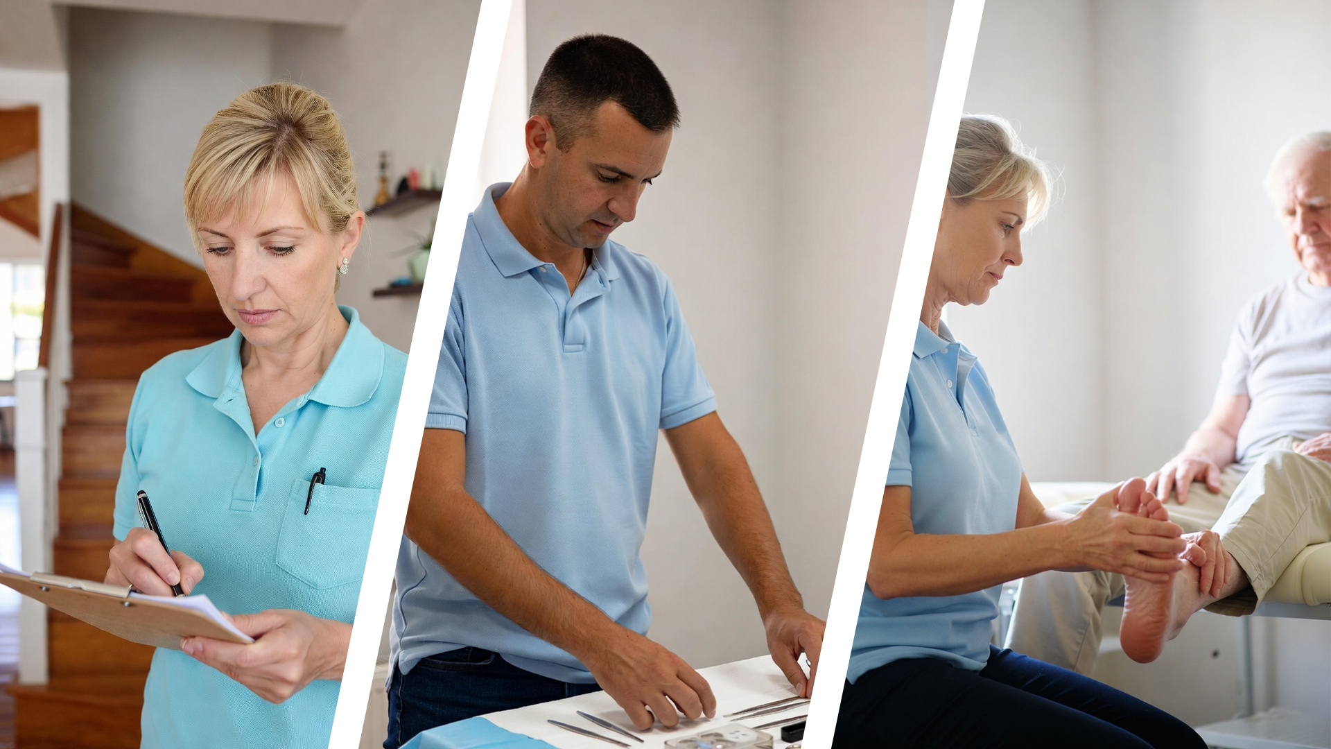 Collage of three images showing healthcare workers in light blue shirts performing tasks: a woman writing on a clipboard, a man arranging medical tools, and a woman providing foot care to an elderly man.