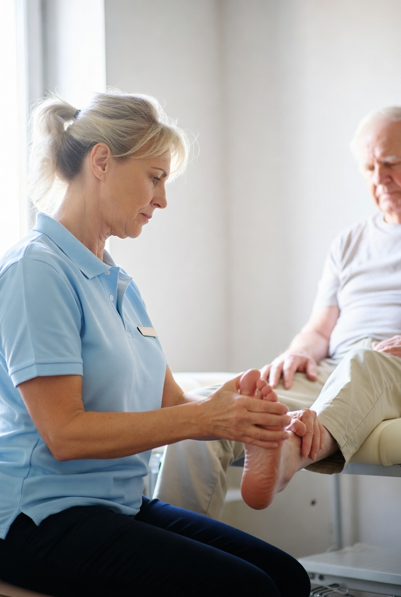 Female healthcare professional in a blue polo shirt examining the foot of an elderly man sitting on a medical examination table.