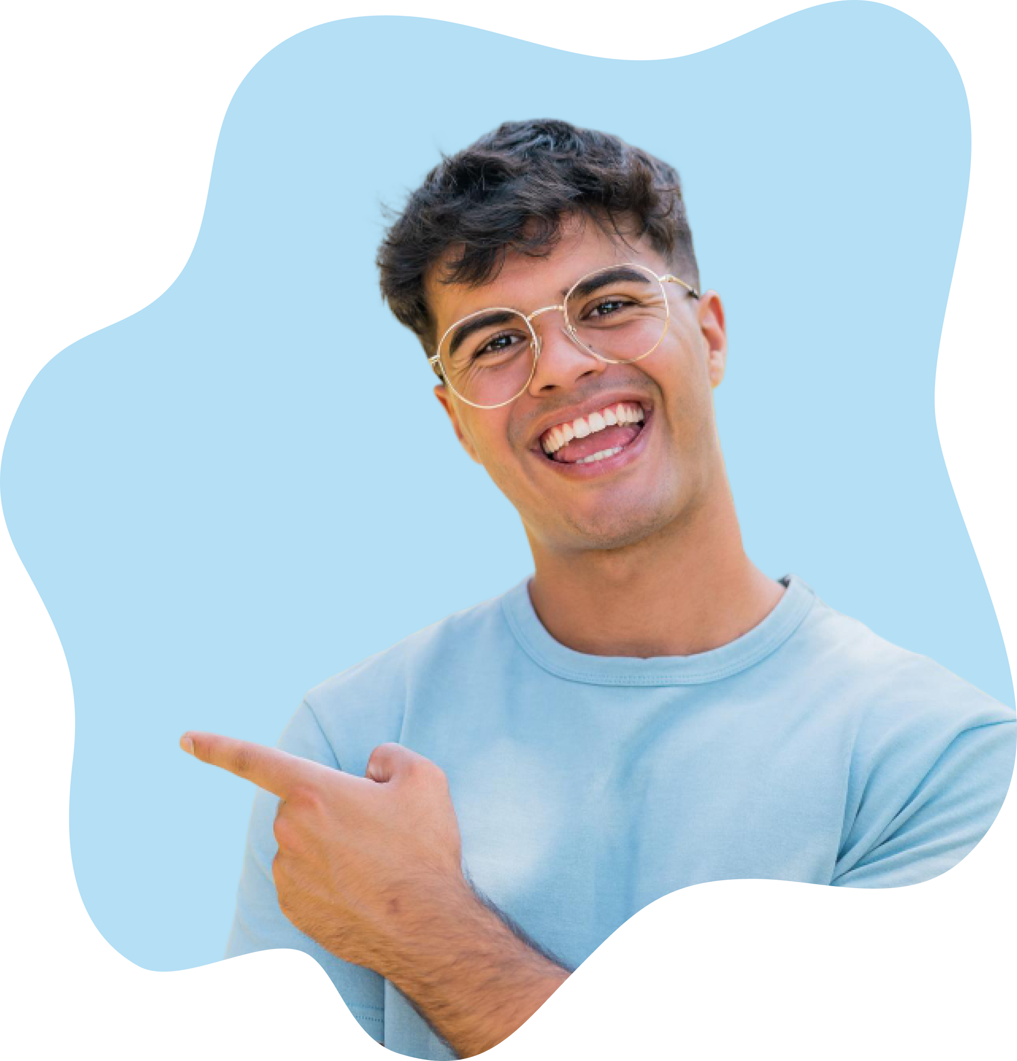 Smiling man with glasses wearing a light blue shirt pointing to the left on a blue abstract background.
