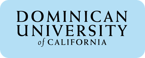 Dominican University of California logo with black text on a light blue rounded rectangle background.