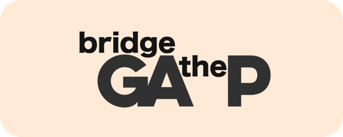 Logo text reading 'bridge the GAP' with varying font sizes and bold styling on a light beige background.