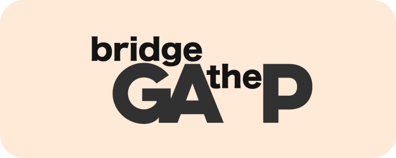 Logo text reading 'bridge the GAP' with varying font sizes and bold styling on a light beige background.