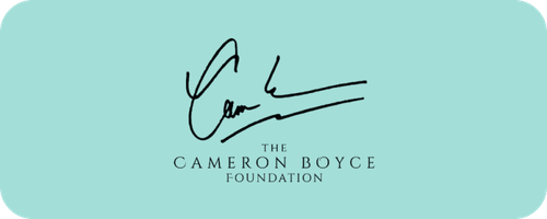 The Cameron Boyce Foundation logo featuring a stylized signature above the foundation's name on a light turquoise background.