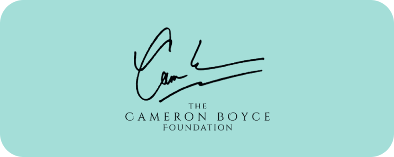 The Cameron Boyce Foundation logo featuring a stylized signature above the foundation's name on a light turquoise background.