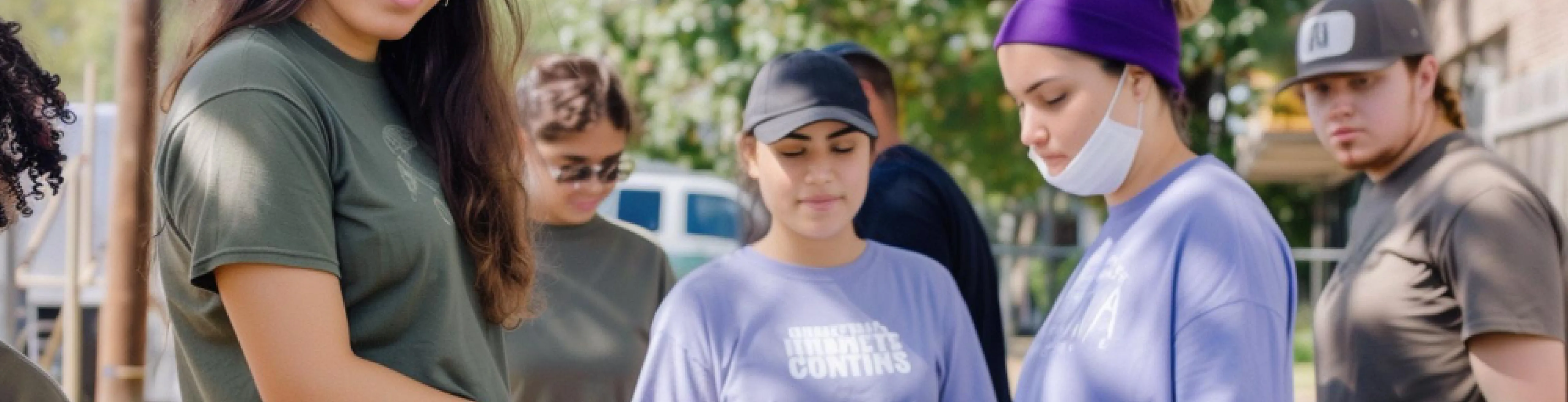 A diverse group of young adults standing outdoors, some wearing casual clothes and one wearing a face mask under their chin.