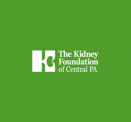 Logo of The Kidney Foundation of Central PA with a stylized white kidney shape on a green background.