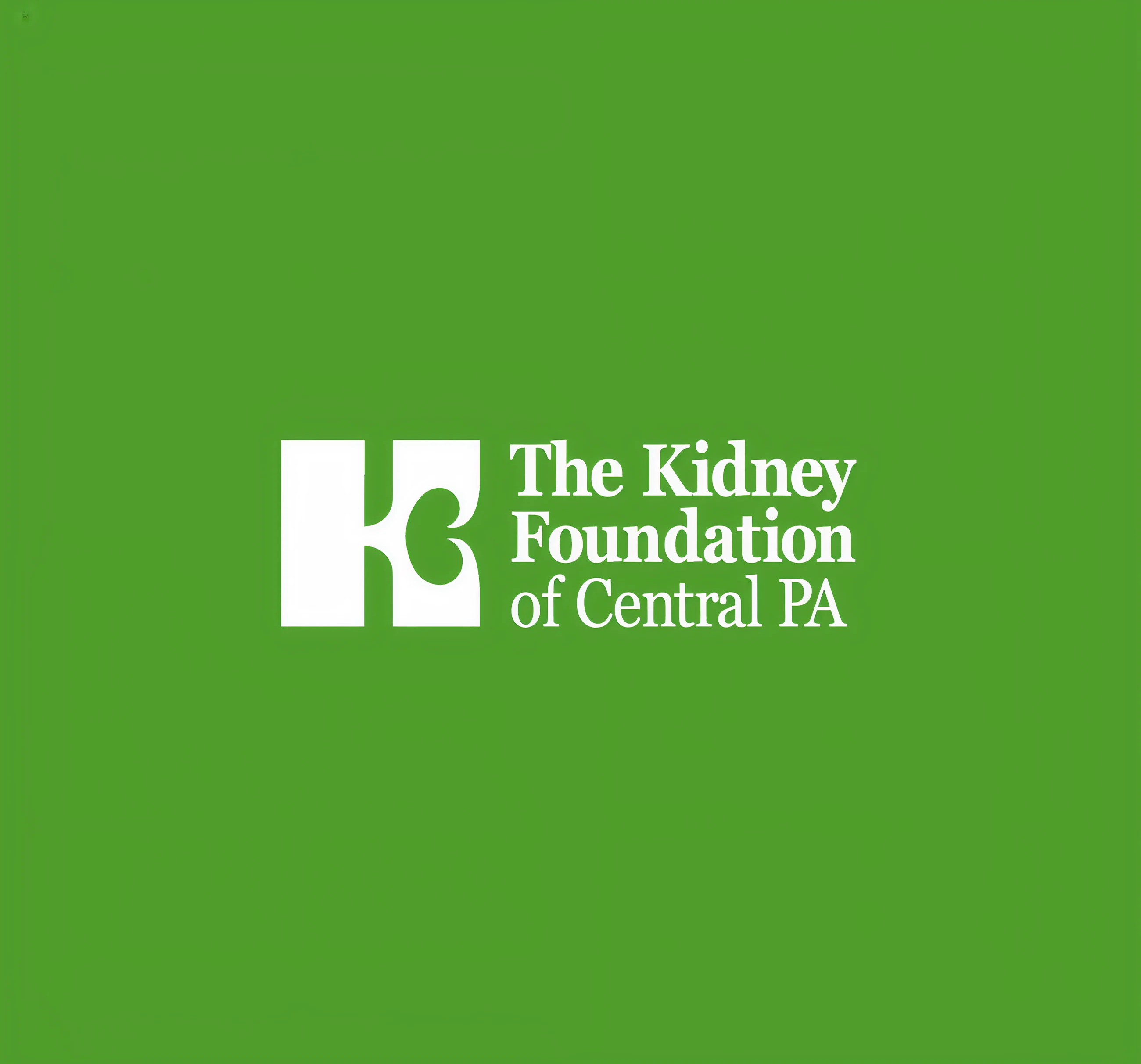 Logo of The Kidney Foundation of Central PA with a stylized white kidney shape on a green background.