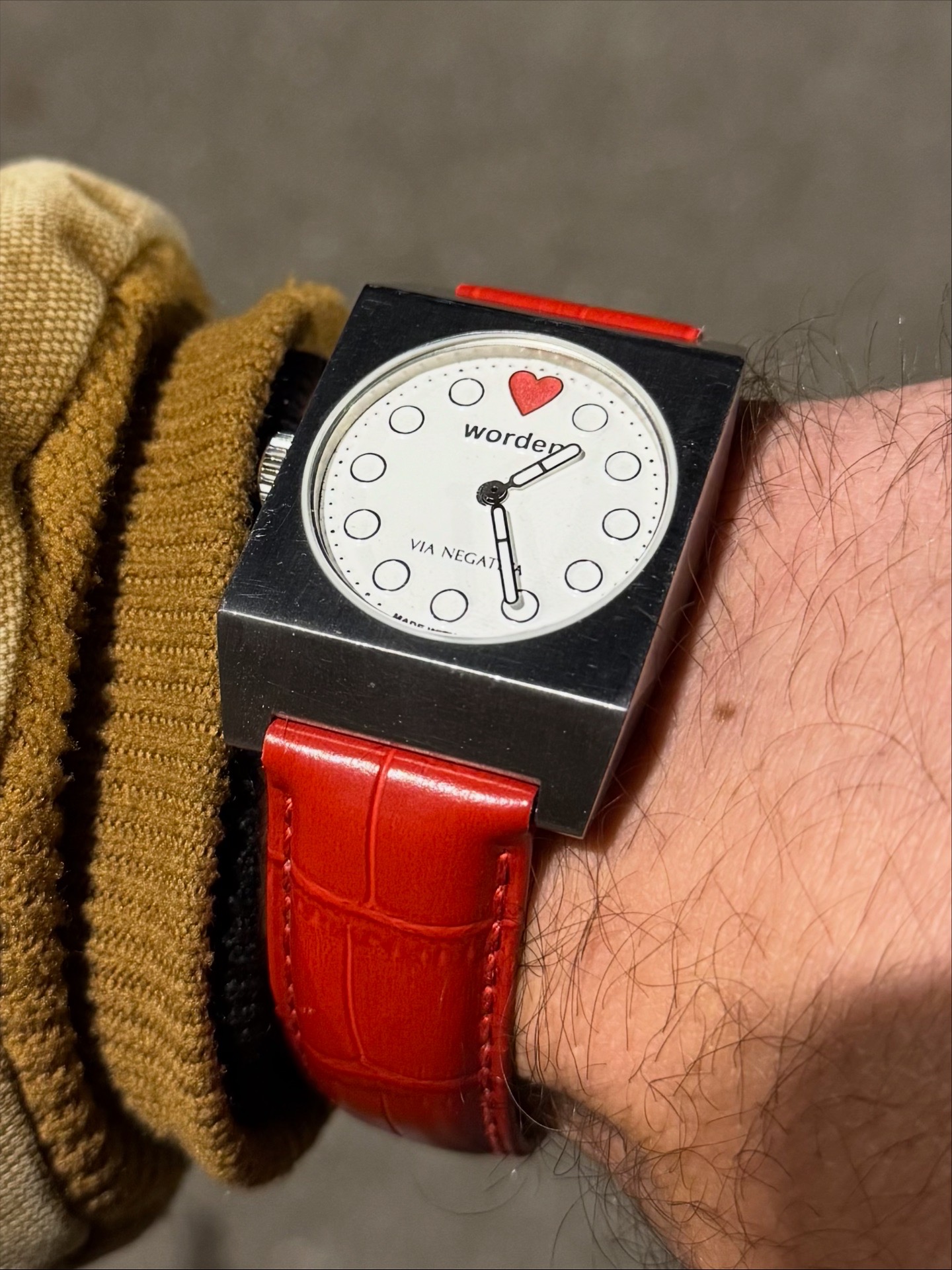 Bold red genuine leather strap with bolstering