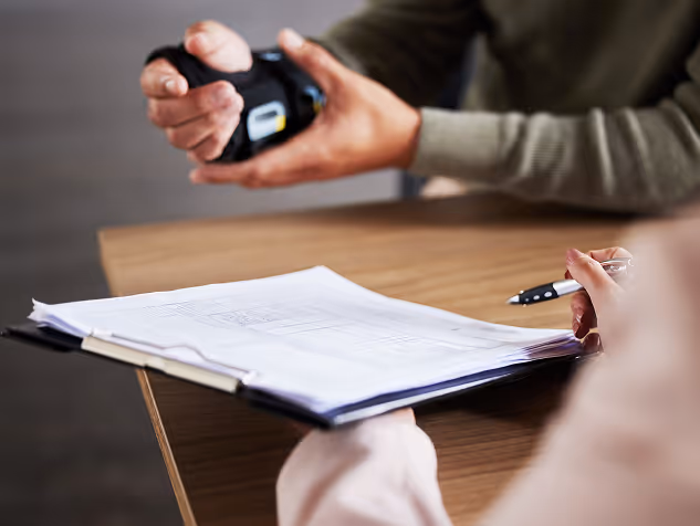 Person holding a pen over a clipboard with papers, another person holding a camera in the background.