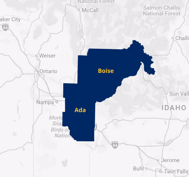 Map highlighting Ada County and Boise in Idaho with nearby cities and highways.