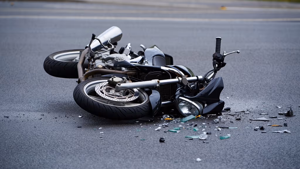Black motorcycle lying on its side on a paved road with broken glass and debris scattered nearby.