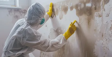 Person in protective suit and yellow gloves cleaning moldy wall.