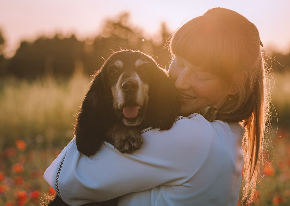 Hannefrone van Viervoeters H. knuffelt een blije hond tijdens zonsondergang.