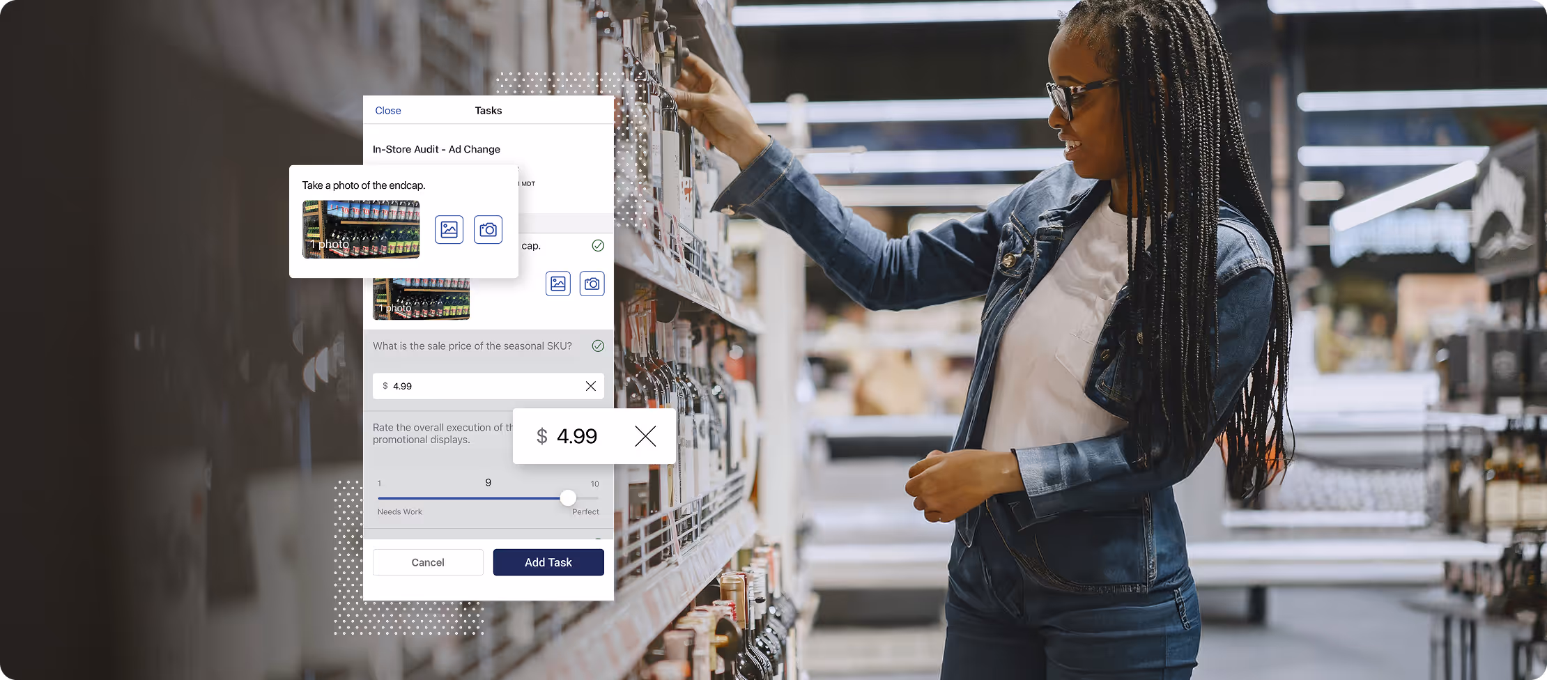 Woman in denim jacket selects a bottle from a liquor store shelf with an app interface overlay showing a task to photograph the endcap and enter a sale price.