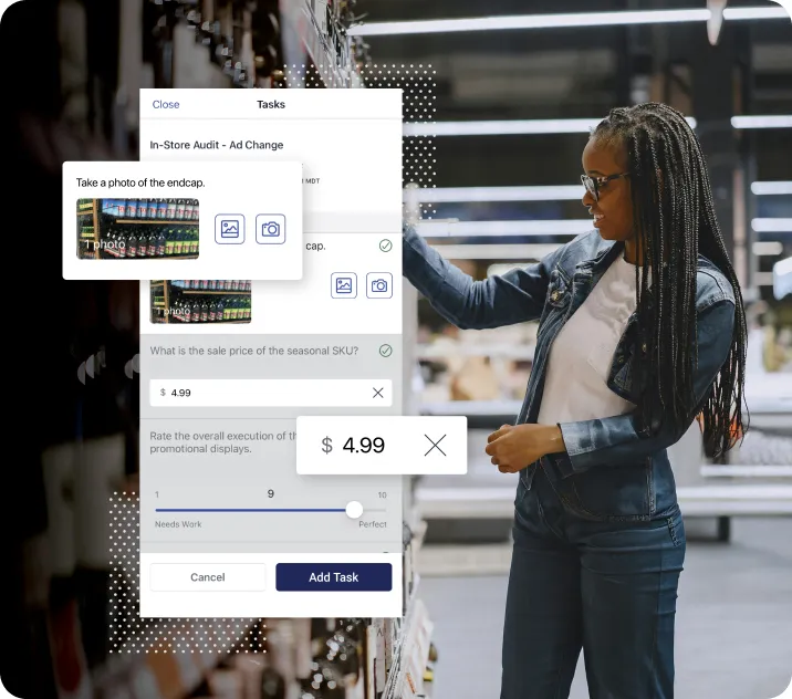 Woman wearing glasses and a denim jacket inspecting a store shelf with an overlaid mobile task interface for taking a photo and adding a sales price.