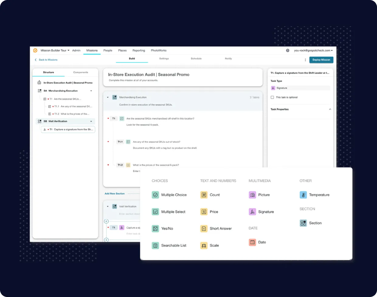 Screenshot of a mission builder interface showing task types like multiple choice, count, picture, signature, and section for store execution audit.