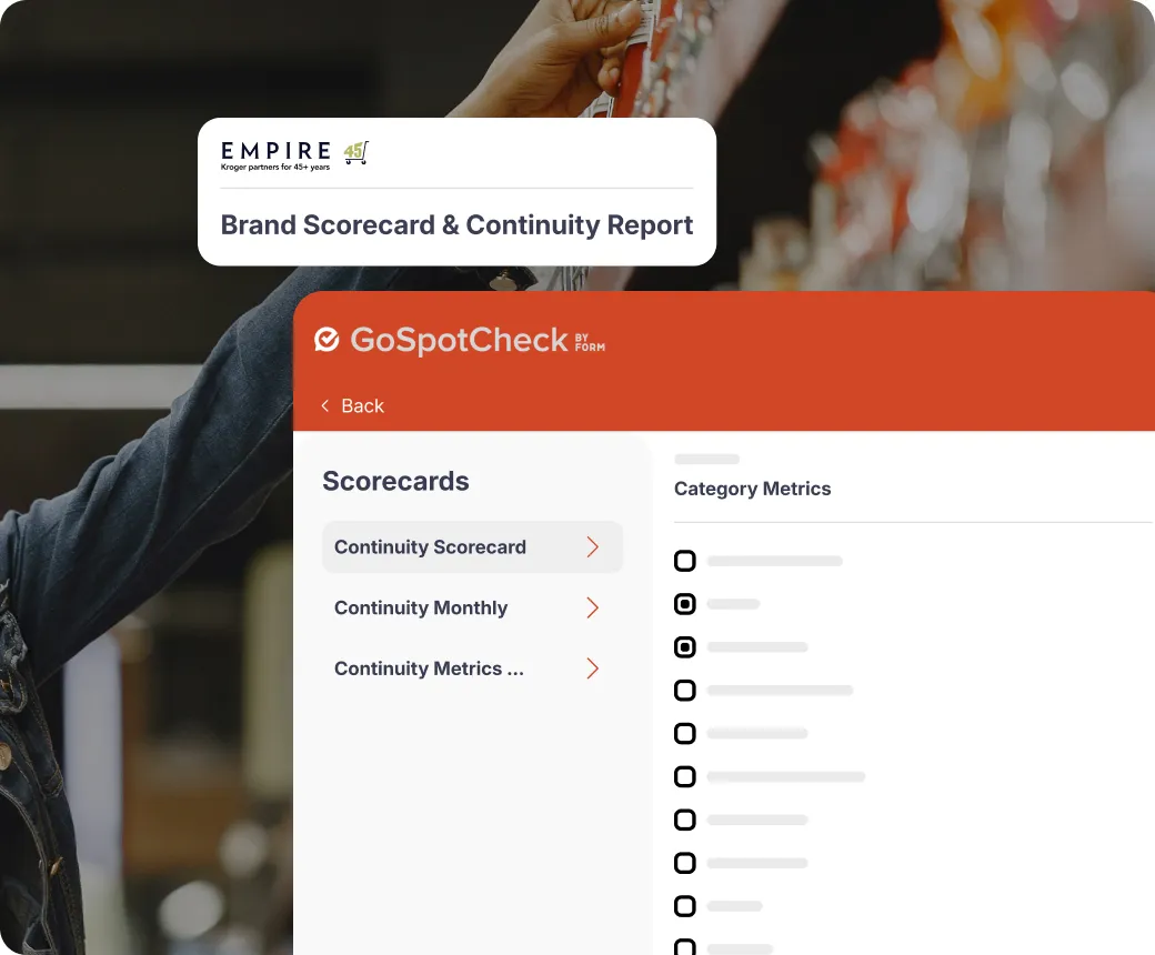 Screen showing GoSpotCheck app with Brand Scorecard & Continuity Report for Empire, displaying scorecard options and category metrics.