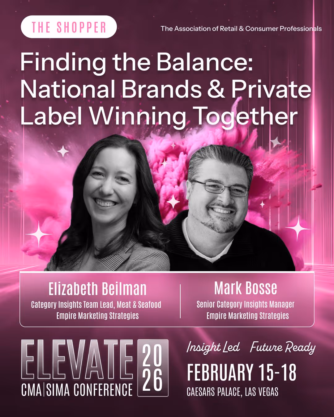 Promotional poster for CMA SIMA Conference 2026 featuring Elizabeth Beilman and Mark Bosse, with event dates February 15-18 at Caesars Palace, Las Vegas.