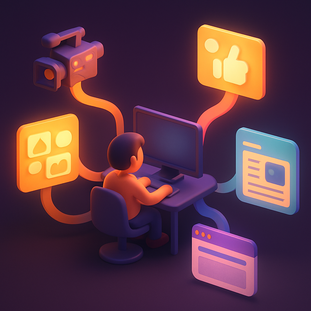 AI Content Machine - One person orchestrating video, LinkedIn, blog, images, and website outputs