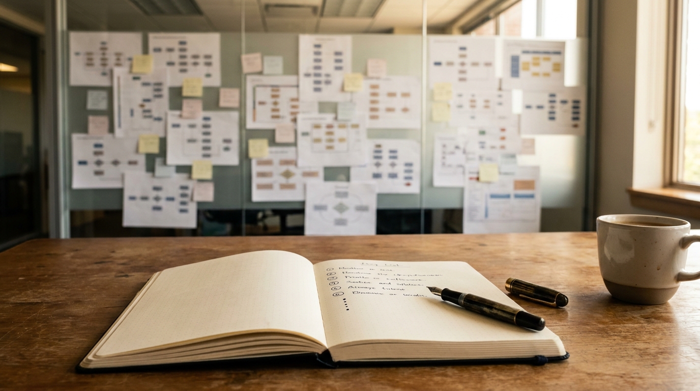 A senior engineer's desk with one elegant handwritten plan in the foreground, while a glass office wall behind is completely covered with chaotic flowcharts and process diagrams. The contrast: one calm page in focus vs a wall of process noise.