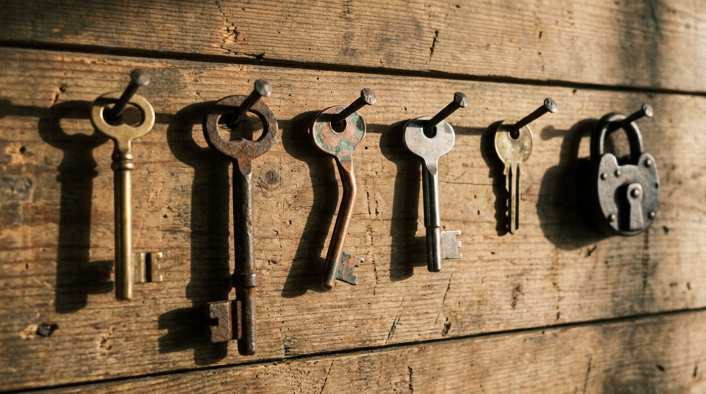 Six distinct keys hung on six iron nails on a weathered workshop wall — each different in size, age, and metal, each given its own place. The six things that earned their keep after eighty experiments.