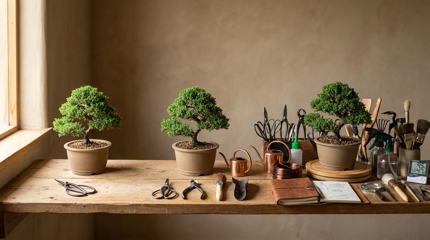 Three identical bonsai trees on a shelf, each surrounded by a wildly different amount of gardening apparatus — from one pair of shears to a workbench buried in tools. Same tree, very different toolbox.