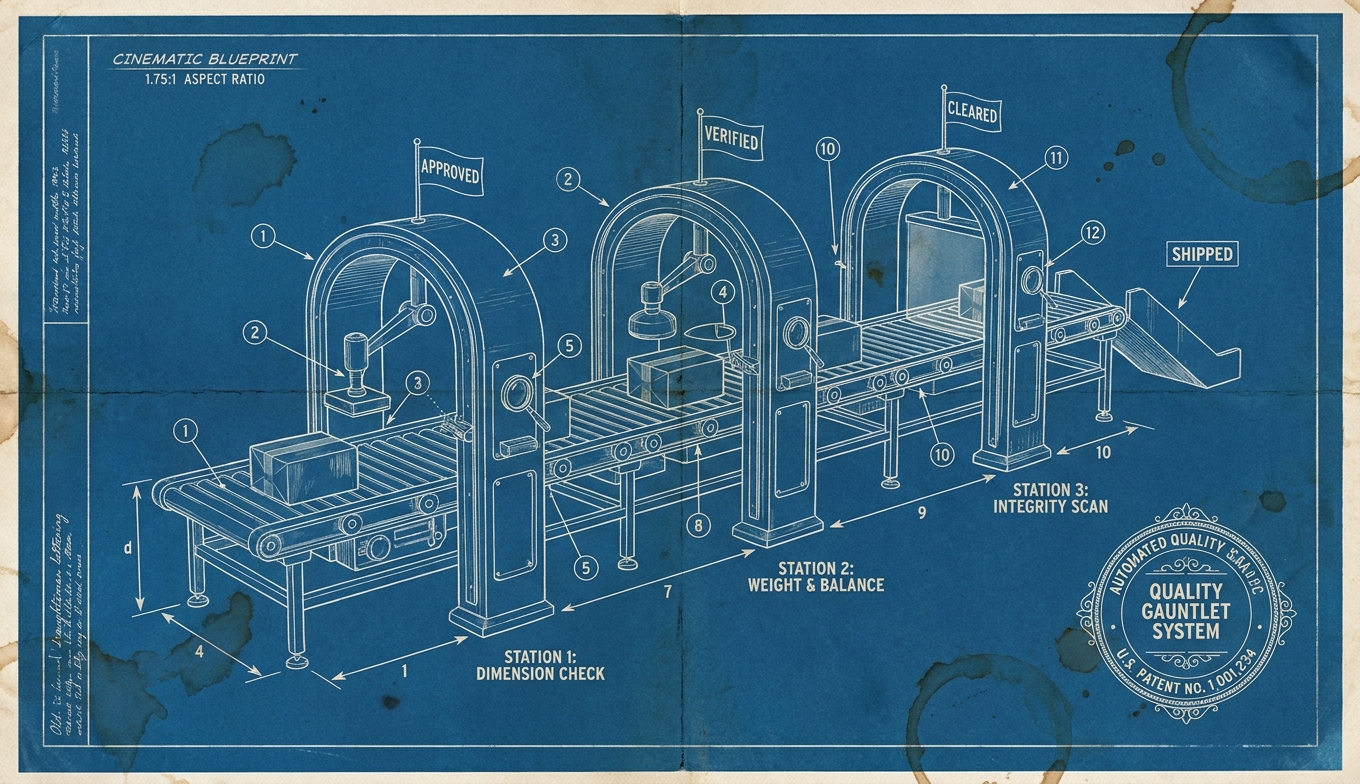 The quality gauntlet: every PR rides a conveyor through automated inspection stations — tests, lint, review — before it ships.