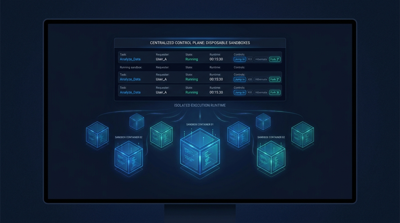 A centralized control plane over disposable sandboxes — every running sandbox shown with task, requester, state, and runtime, with controls to jump in, kill, hibernate, or fork.