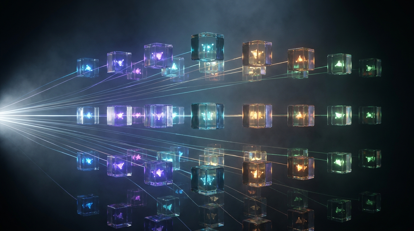 One message, many sandboxes — a single beam splits through a prism into a grid of glowing, self-contained workspaces.