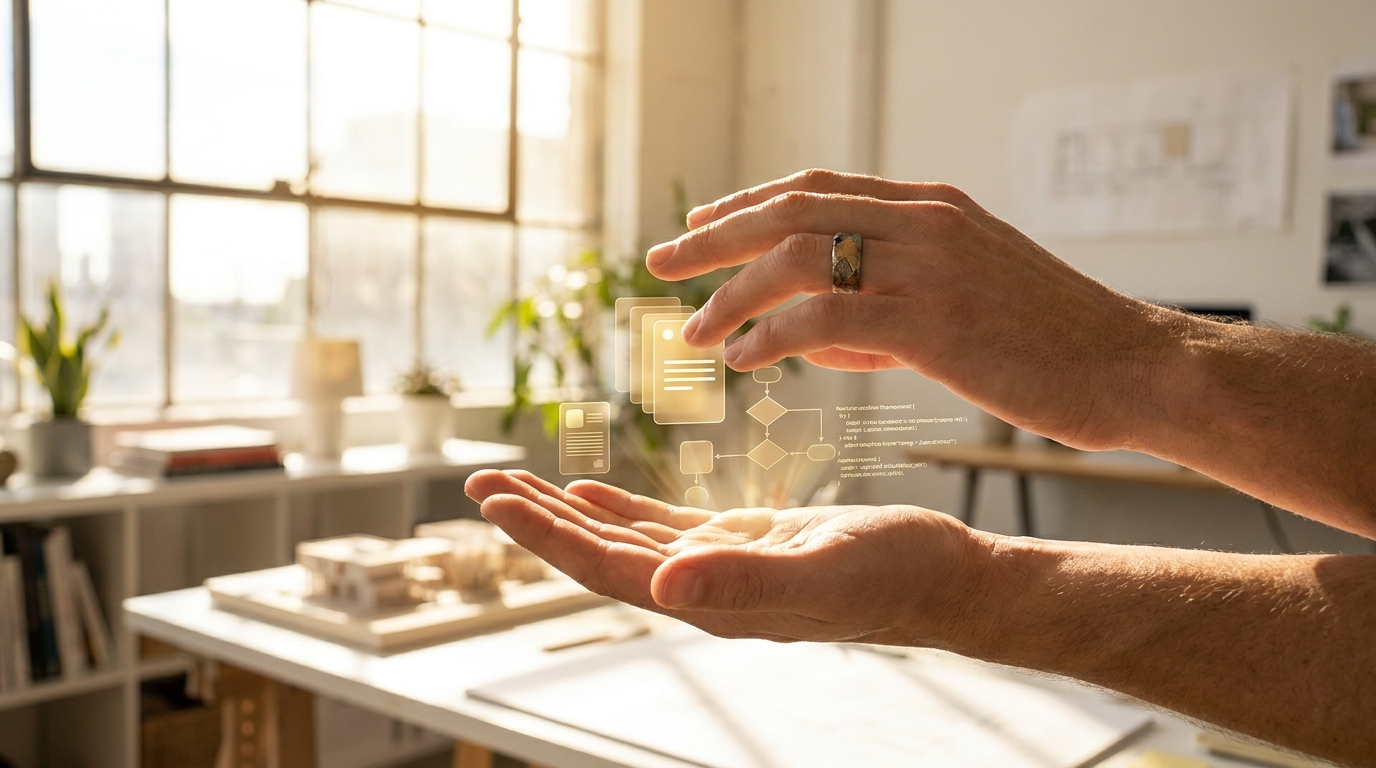The plan, held in your hands — cards and a code flow rendered in golden light