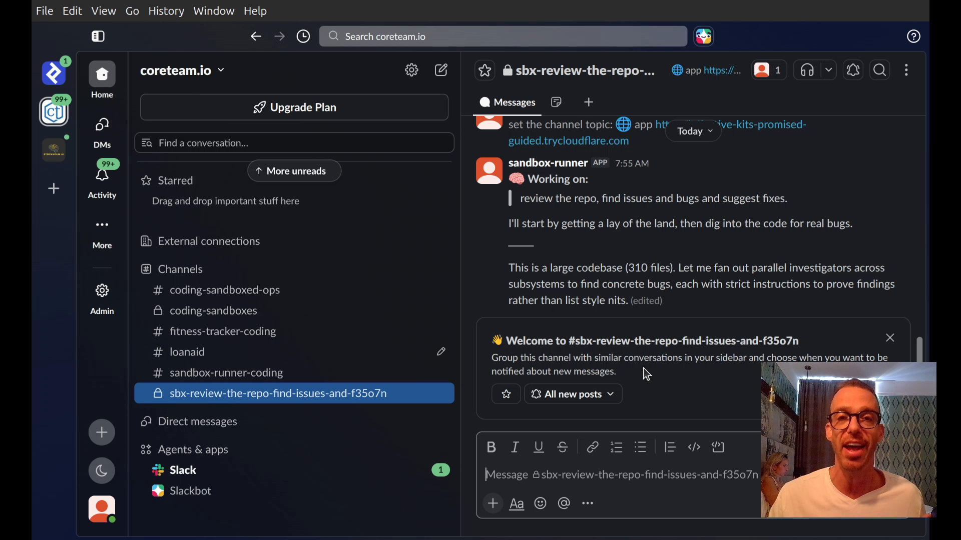 A cloud sandbox spinning up a VM to run the code review, with the agent's conversation visible