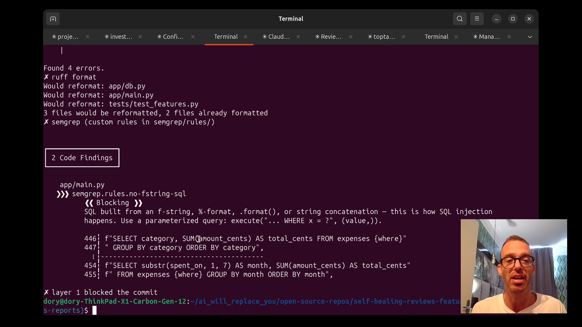 The semgrep rule catching an f-string SQL injection and blocking the commit