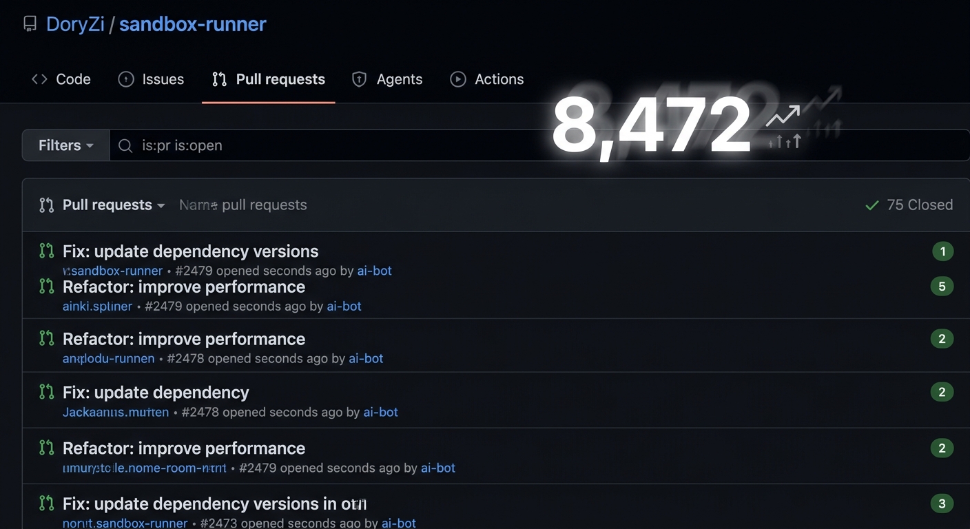A GitHub pull-requests page with the open-PR count climbing into the thousands, every one opened seconds ago by a bot
