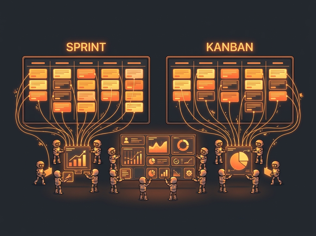 Sprint and Kanban boards, with swarms of AI agents building the same budget app