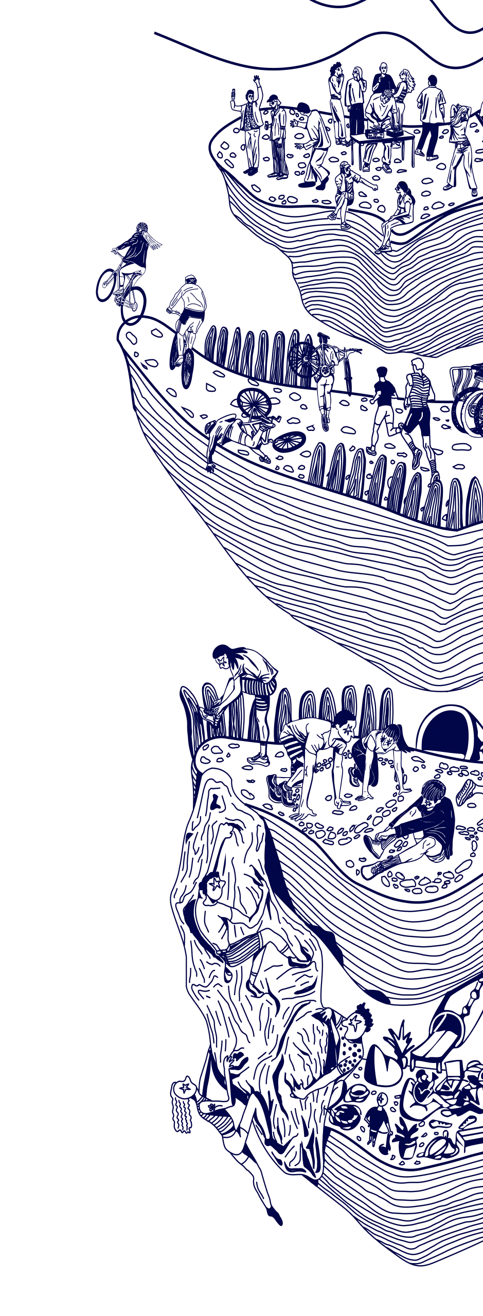 Detailed blue line illustration of multiple layered garden terraces with people engaging in various activities like planting, relaxing, and biking.