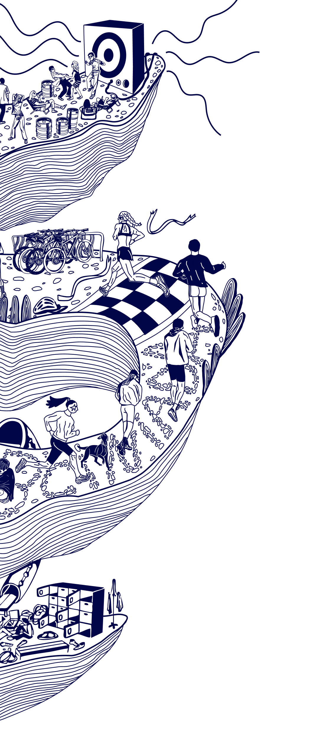 Illustration of three boats filled with various people and activities, including dancing, exercising, and socializing, connected by flowing waves.