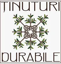 Geometric design of brown interconnected branches with green leaves surrounded by the text 'TINUTURI DURABILE' in brown stylized font on a white background.