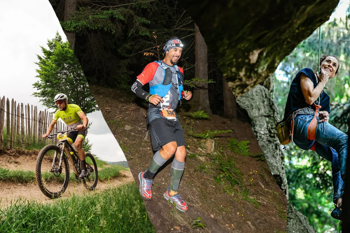 Composite image showing a mountain biker riding on a dirt trail, a trail runner in a forested area, and a woman rock climbing outdoors.