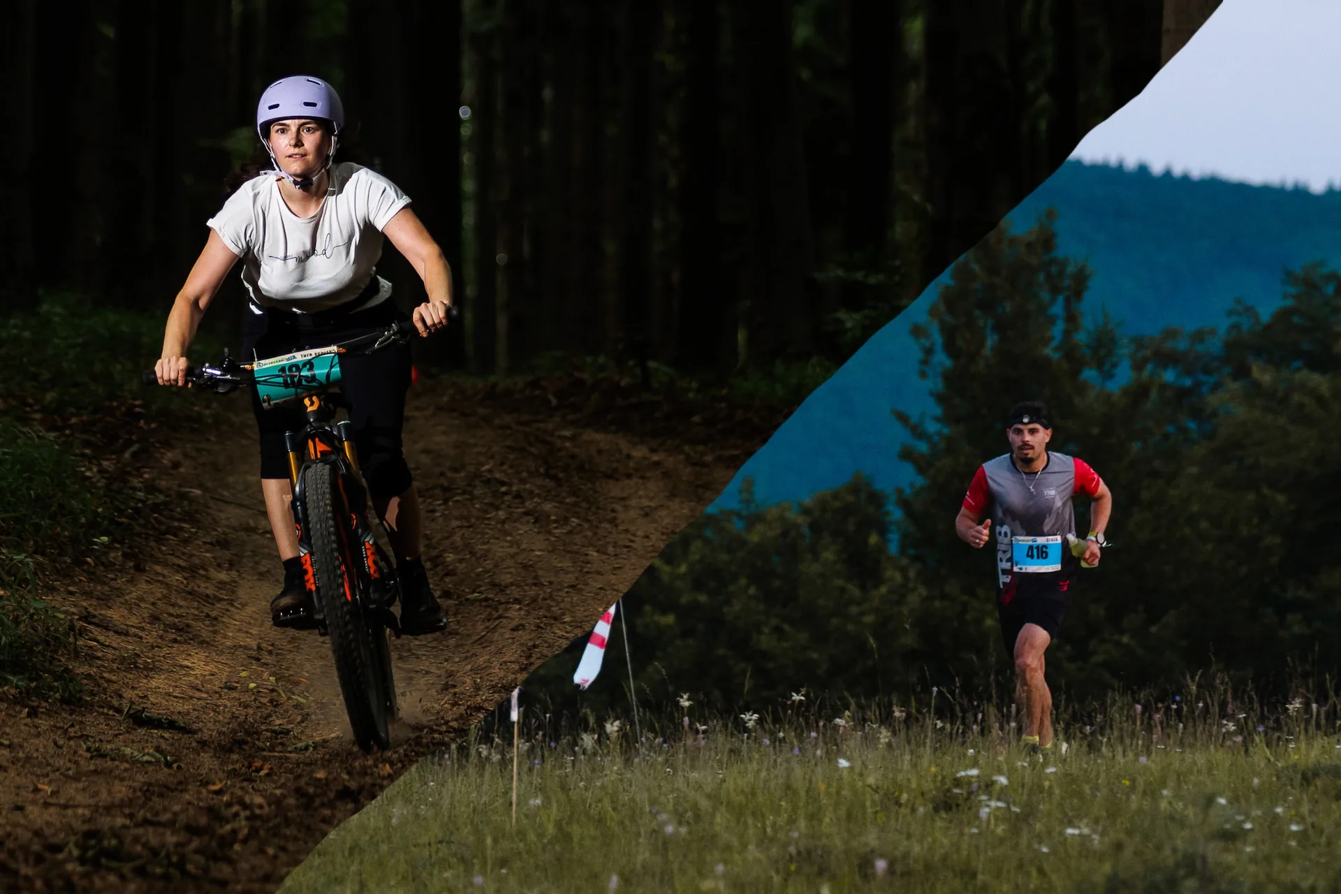 Split image showing a woman mountain biking on a forest trail and a man running in a grassy field with hills in the background.