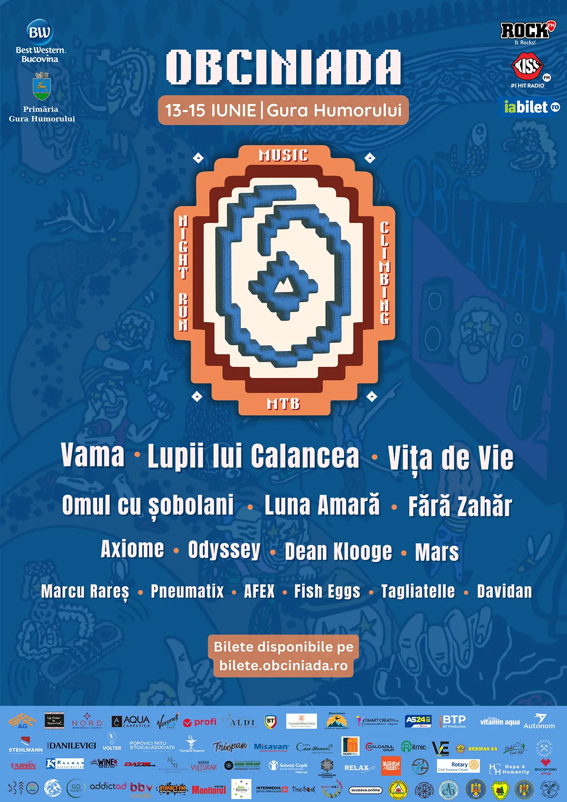 Obciniada music, night run, climbing, and MTB event held June 13-15 in Gura Humorului featuring bands like Vama, Lupii lui Calancea, Vița de Vie, and others with sponsor logos at bottom.