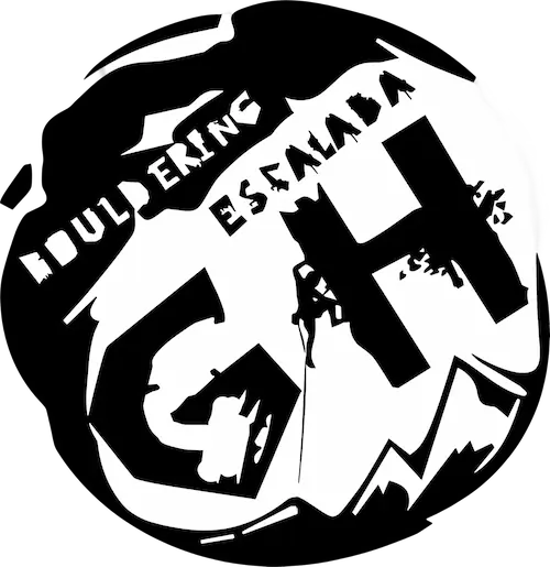 Silhouette logo showing a climber on large letters forming GH, with the words Bouldering and Escalada.