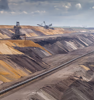 Wide view of an open-pit mine with layered earth formations in shades of brown and yellow, showing massive excavators and conveyor belts used for mineral extraction under a cloudy sky.