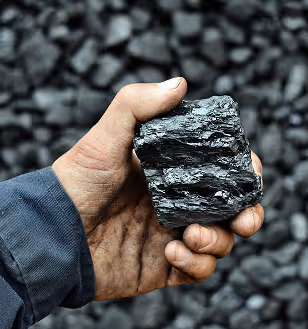 Close-up of a worker’s hand holding a rough black piece of coal with a shiny layered texture, with a blurred background full of similar dark coal chunks.