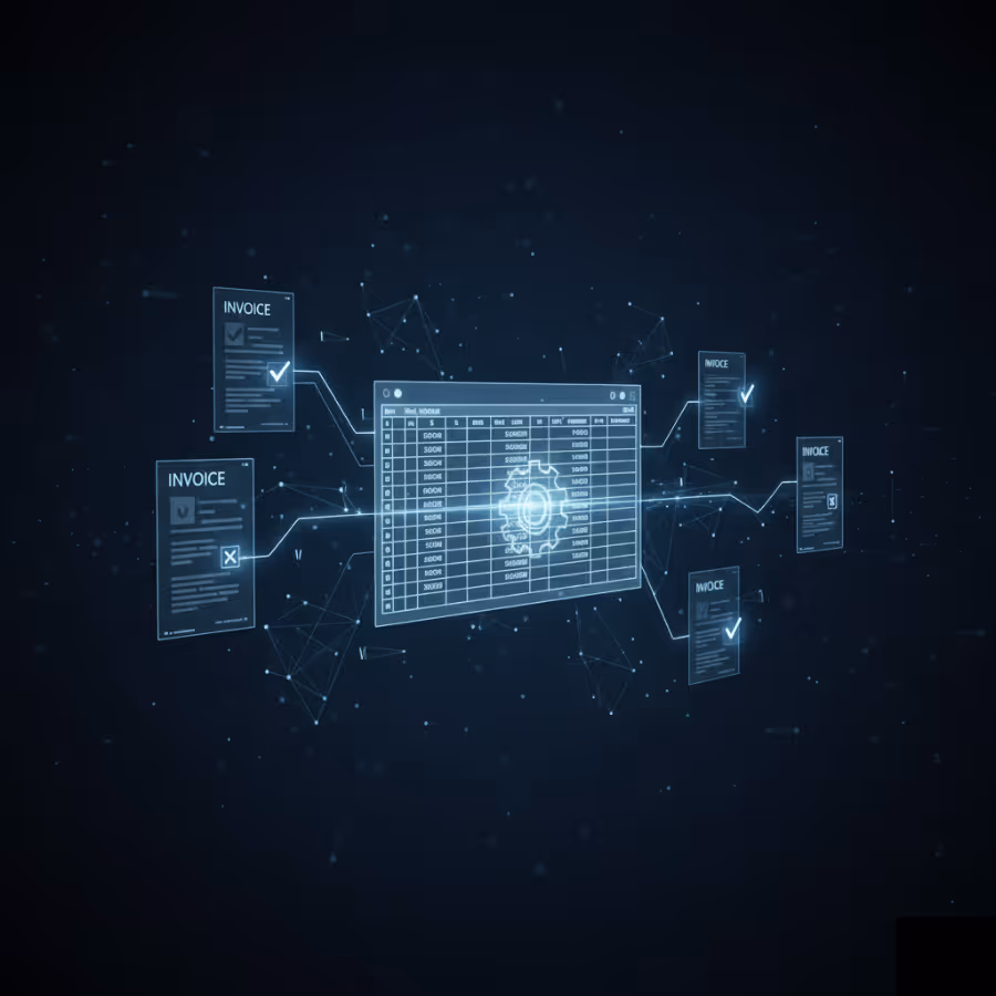 Digital illustration of interconnected invoices and a central spreadsheet with a gear icon symbolizing automated invoice processing.