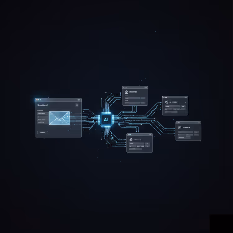 Digital schematic showing AI at the center connected to multiple interface windows representing email and system settings.