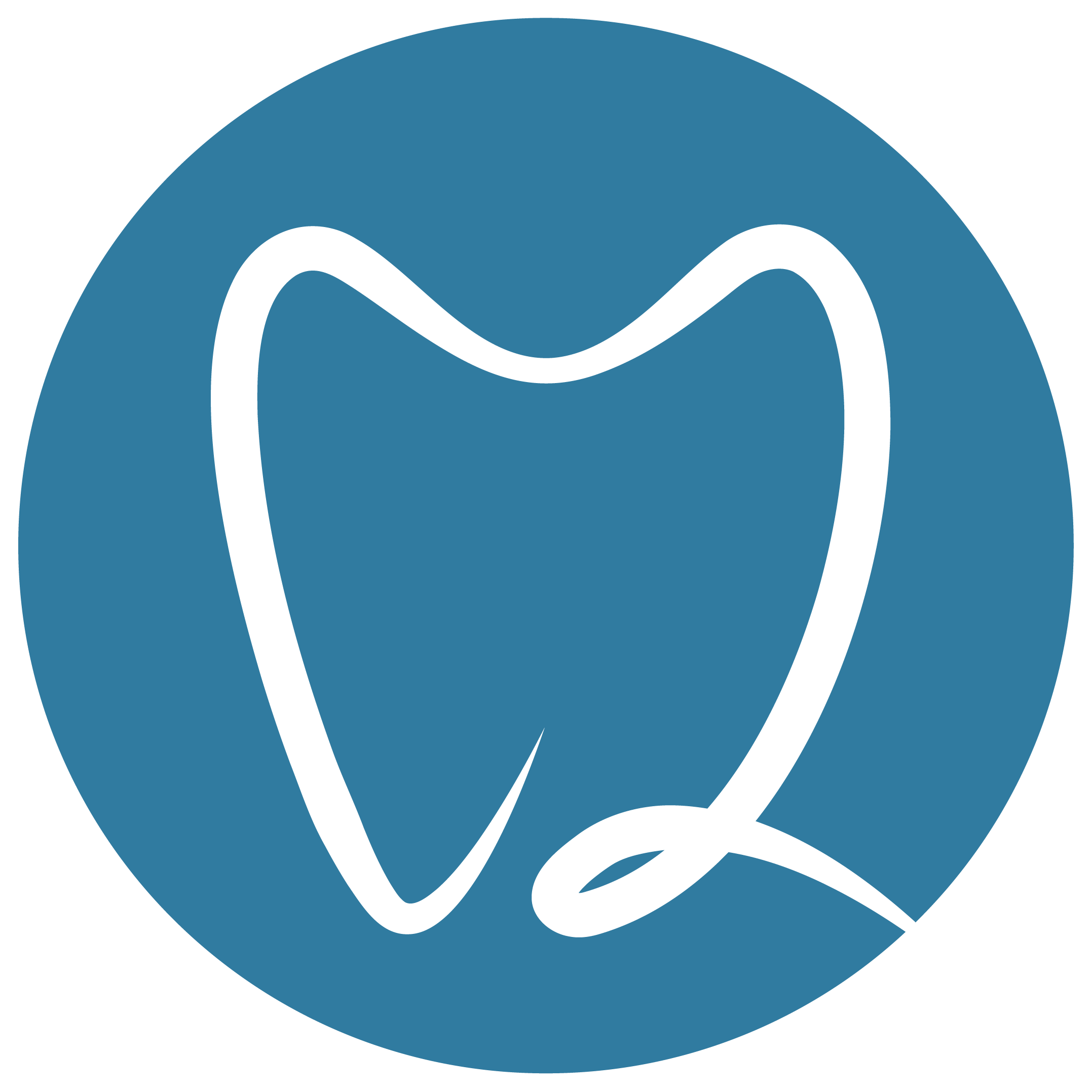 Blaues rundes Symbol mit stilisierter weißer Zahnkontur und einer geschwungenen Linie unten rechts.